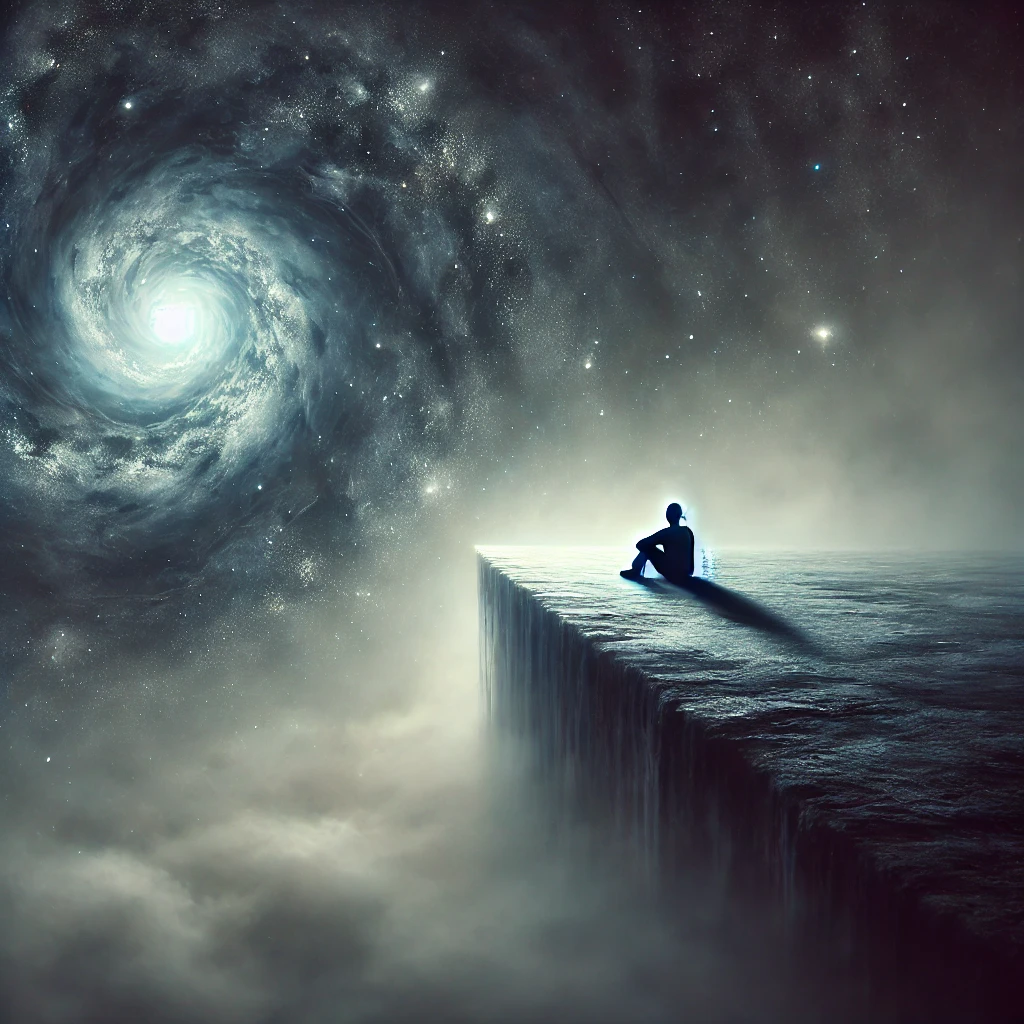 A lone figure sitting on the edge of a vast, dark void, gazing into its depths.