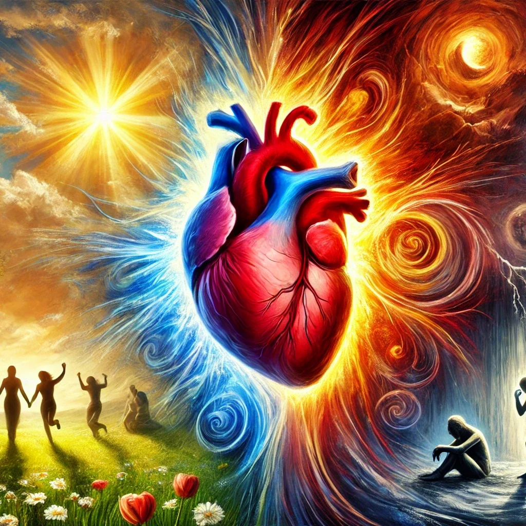 A symbolic representation of human emotions. A glowing human heart in the center, radiating vibrant colors