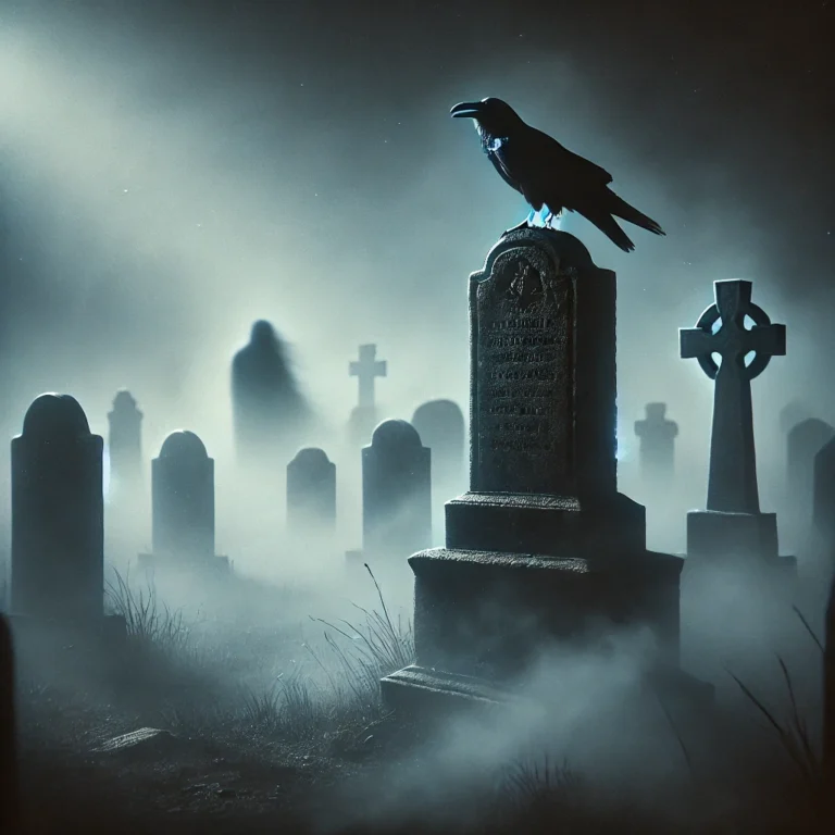 A shadow standing at a cemetery of his memories, with a raven sitting atop one of the tombs in it.