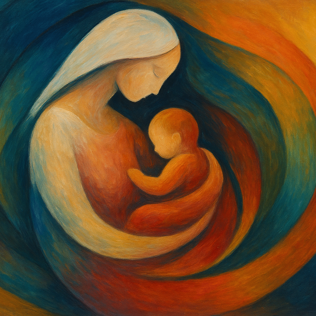 Abstract sketch art, showing mother holding her baby
