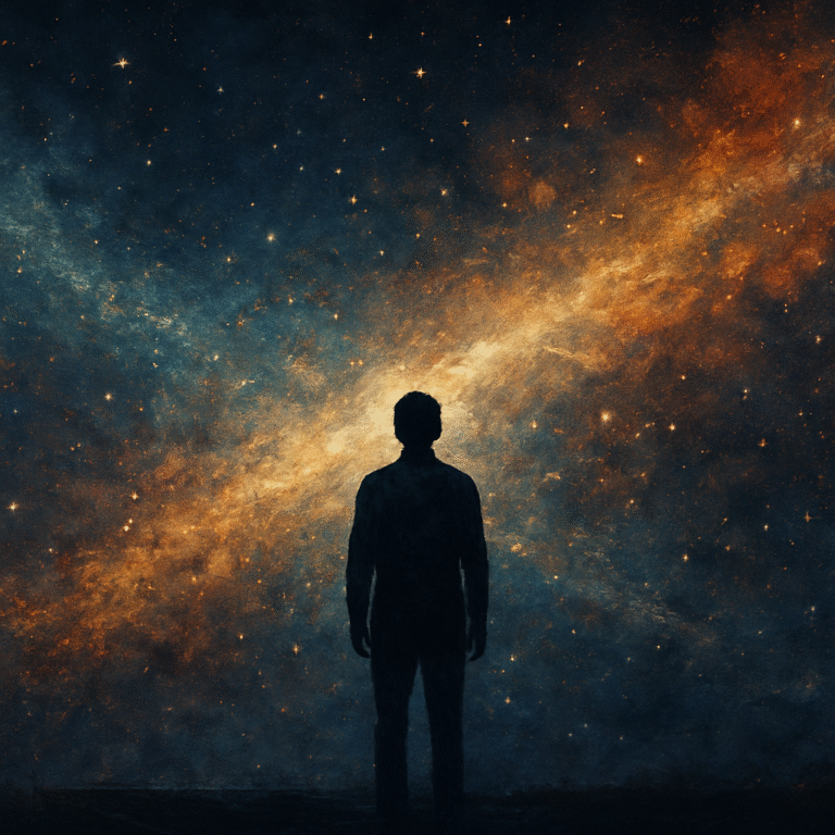 A man, standing at the edge of the Universe, and pondering about everything, and nothing in particular