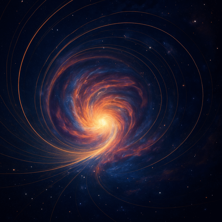 Abstract digital art visualizing the origin of space and time, featuring a glowing spiral nebula symbolizing the universe’s birth and the dynamic curvature of spacetime.