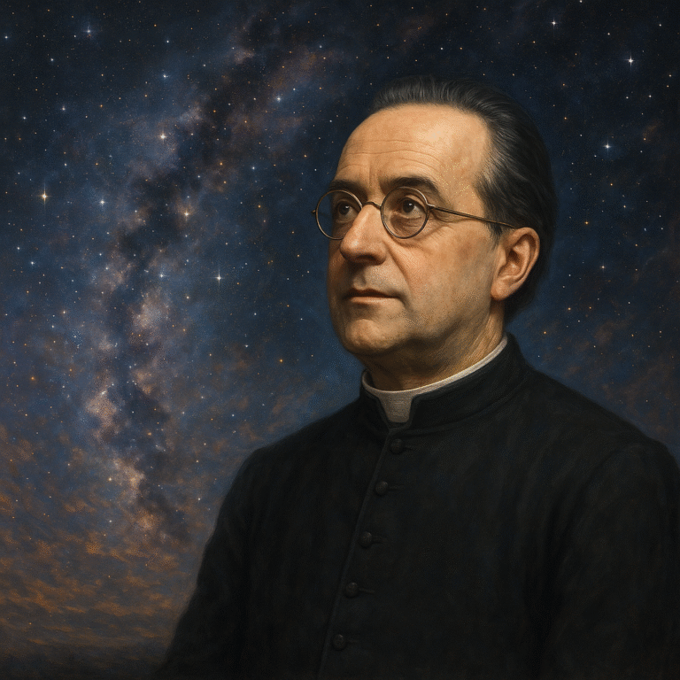 A digital painting of Georges Lemaître in priest robes gazing thoughtfully into a star-filled cosmos, his expression a blend of wisdom and wonder, symbolizing the harmony between faith and science.