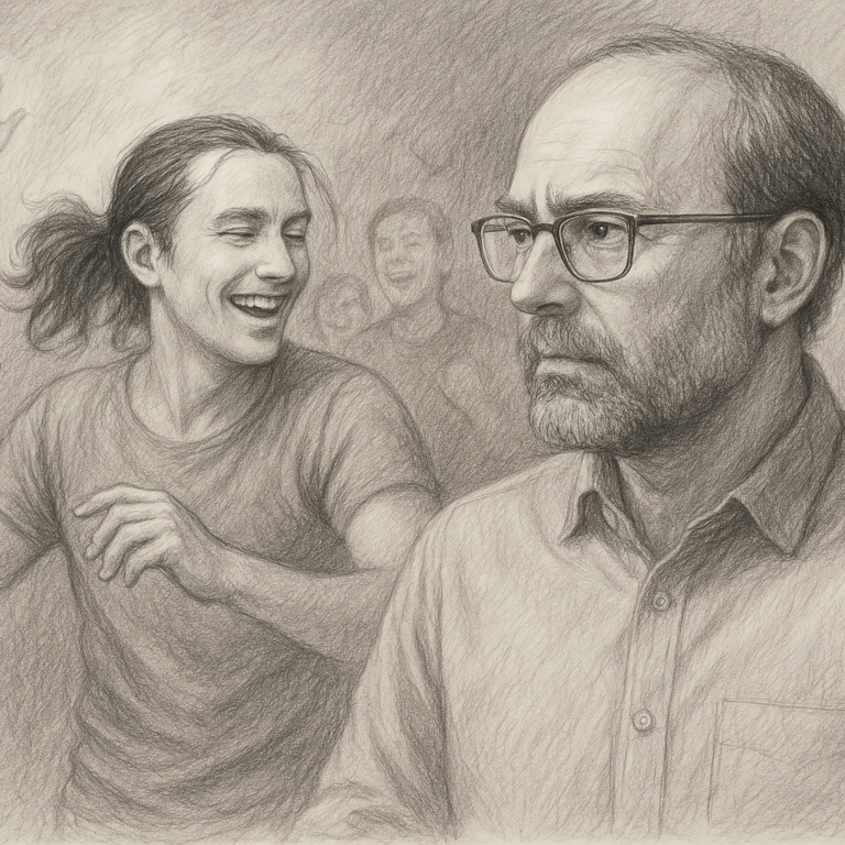 Pencil sketch of a middle-aged man smiling at the memory of his younger self, inspired by college festival laughter