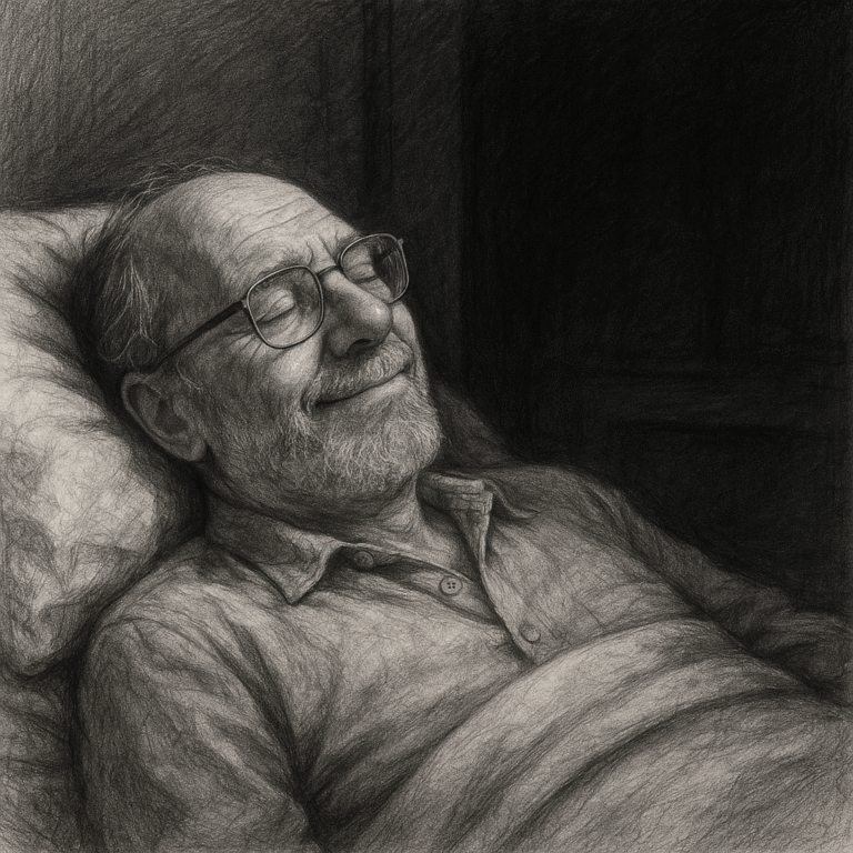 Graphite sketch of an old man lying in bed with a soft smile, surrounded by silence and shadows — the final moment of peace