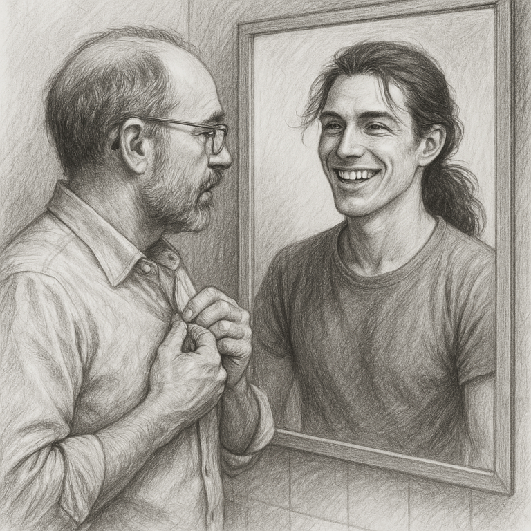 Graphite pencil drawing of a middle-aged man seeing his younger self in the mirror, symbolizing reflection and nostalgia