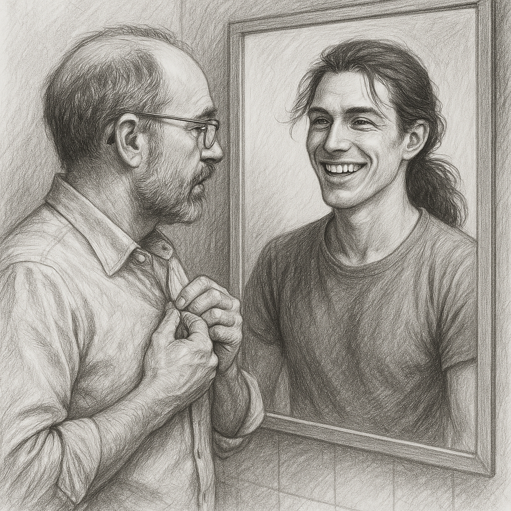 Graphite pencil drawing of a middle-aged man seeing his younger self in the mirror, symbolizing reflection and nostalgia