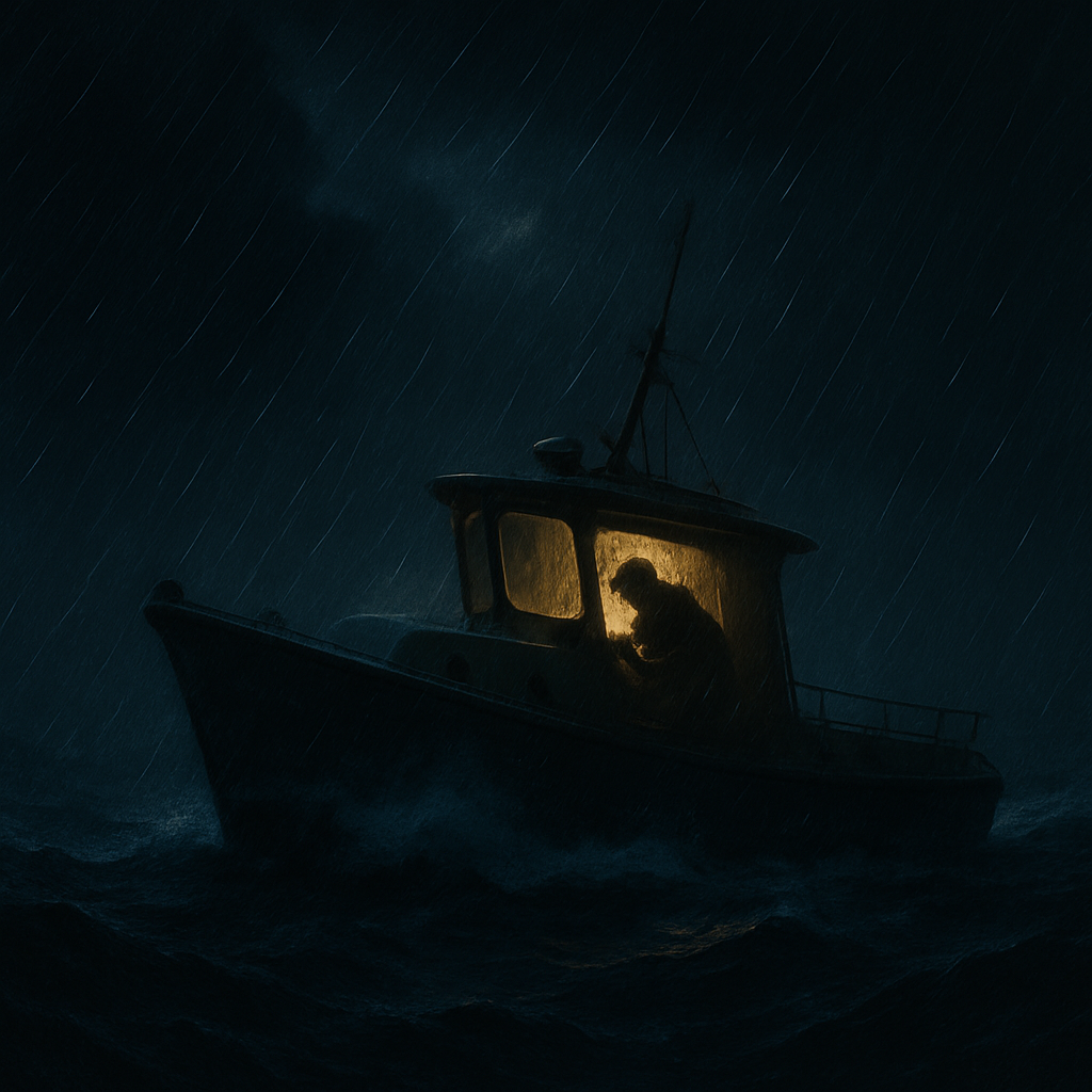 A lone sailor in a stormy night ocean, hearing the call of the deep
