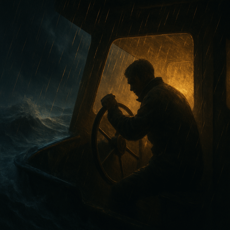 A lone sailor struggling to keep his boat in a stormy night ocean, witnessing the eye and the echo