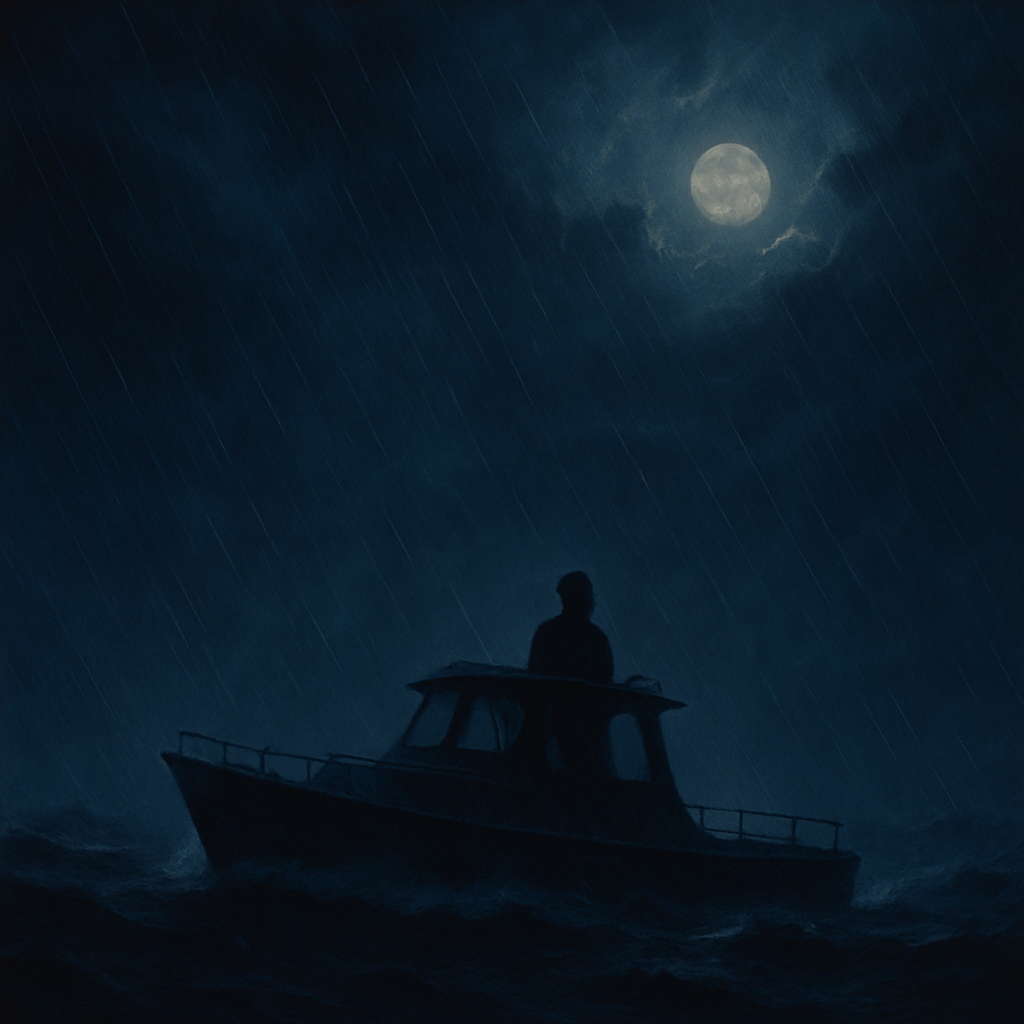 A lone sailor in a calm after the storm at sea, getting ready for the sleep of the salted star