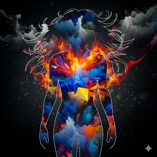 An abstract art piece showing a vibrant storm of colors and shapes, including fire and smoke, confined within the translucent silhouette of a human form.