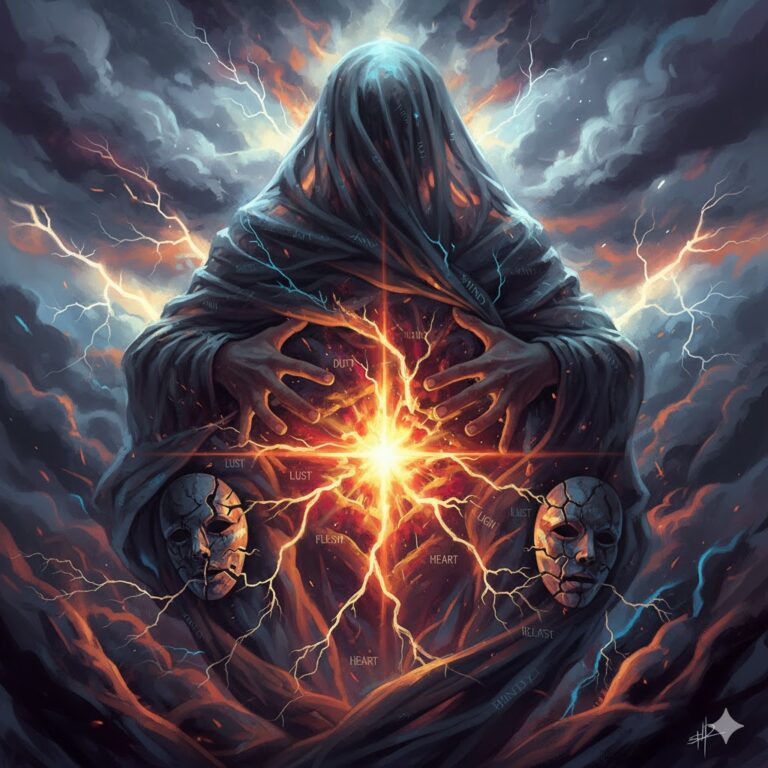 An HD, portrait-oriented abstract painting depicting a figure shrouded entirely in dark, heavy cloth or smoke, emerging from stormy, turbulent skies. The figure's body is hidden, but two large, disembodied hands are pressed against its chest, which contains a blinding, central core of white-hot fire and lightning. Scattered around the central blaze are faint words like 'LUST,' 'DUTY,' 'HEART,' and 'FLESH.' Below the hands, two cracked, porcelain masks—symbolizing a broken facade—float amidst flowing cloth and dark clouds. The entire scene is consumed by a duality of dark blues and grays of the shroud and sky, battling the intense oranges, reds, and electric yellows of the internal fire and surrounding lightning strikes. It captures the torment of a hidden passion struggling against confinement.
