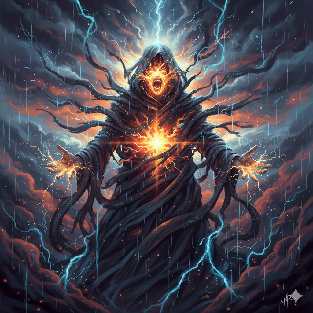 An HD, portrait-oriented abstract painting depicting a robed, shadowy figure caught in a powerful, dynamic storm. The figure's hood is up, but its face is replaced by a gaping, fiery maw of pure energy, with eyes that glow intensely orange. Its chest also radiates a brilliant, explosive core of orange and yellow light, and its outstretched hands crackle with electric energy. Dark, tentacle-like tendrils or ribbons of cloth burst outwards from the figure, blending into the surrounding tempest of dark rain, turbulent clouds, and jagged lightning bolts in shades of blue and white. The storm clouds are tinged with ominous reds and oranges, hinting at the internal fire now unleashed. The overall impression is one of a catastrophic, yet cathartic, release of raw power and emotion.