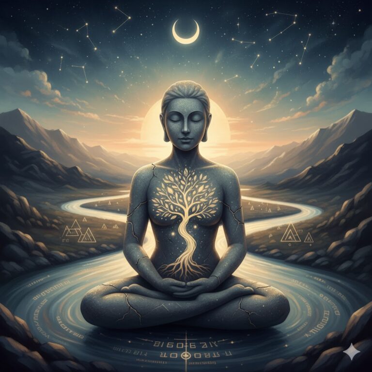 An HD, portrait-oriented abstract painting depicting a serene, stone-like figure in a meditative lotus pose, centered within a vast, peaceful landscape. The figure's skin appears cracked, with a luminous golden Tree of Life growing from its chest, roots extending downwards, and branches reaching upwards. Its eyes are closed in peaceful contemplation. Behind the figure, a soft, ethereal sun rises or sets, casting a warm glow, with a crescent moon visible above. A winding river flows through valleys and mountains, encircling the figure like a pathway. Geometric symbols and subtle celestial constellations are visible in the twilight sky, along with a faint pattern of ancient script or symbols radiating outwards in the water beneath the figure. The overall mood is one of profound calm, ancient wisdom, and quiet resignation, blending natural elements with spiritual symbolism.