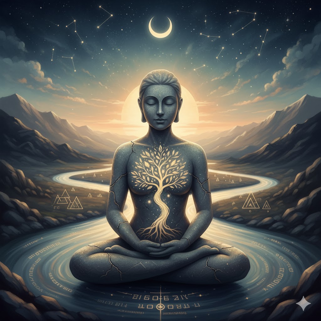 An HD, portrait-oriented abstract painting depicting a serene, stone-like figure in a meditative lotus pose, centered within a vast, peaceful landscape. The figure's skin appears cracked, with a luminous golden Tree of Life growing from its chest, roots extending downwards, and branches reaching upwards. Its eyes are closed in peaceful contemplation. Behind the figure, a soft, ethereal sun rises or sets, casting a warm glow, with a crescent moon visible above. A winding river flows through valleys and mountains, encircling the figure like a pathway. Geometric symbols and subtle celestial constellations are visible in the twilight sky, along with a faint pattern of ancient script or symbols radiating outwards in the water beneath the figure. The overall mood is one of profound calm, ancient wisdom, and quiet resignation, blending natural elements with spiritual symbolism.