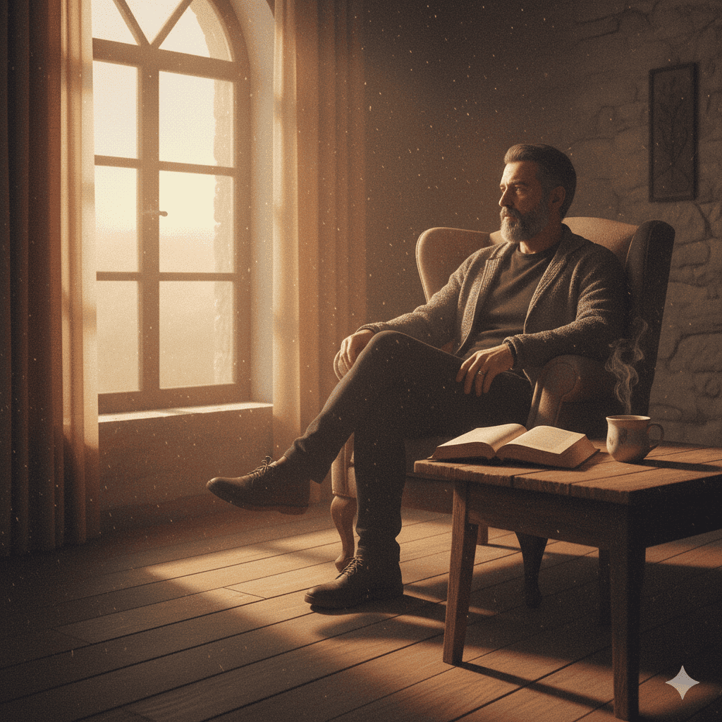 A solitary figure sitting beside a dimly lit window at dawn, surrounded by soft shadows and warm amber light. Dust particles float gently in the air. An old journal lies open beside a steaming cup of tea. The atmosphere feels introspective, poetic, and quietly sacred—like the moment before a thought becomes a sentence. The colors are muted and warm, with a gentle grainy texture, giving a timeless, contemplative mood. The composition should feel intimate, calm, and deeply soulful, as if capturing the inner life of a wandering mind.