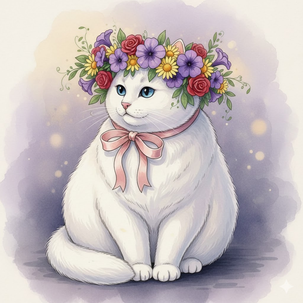The cat padded out of a violet mist so thick it seemed stitched from the breath of old dreams, her white fur glowing with the quiet arrogance of a moon that had just remembered its divinity. The wreath of flowers on her head hummed with colours that human eyes were not credentialed to witness. Some petals drooped like memories too tired to go on pretending. Others shivered with a desperate insistence to be believed.