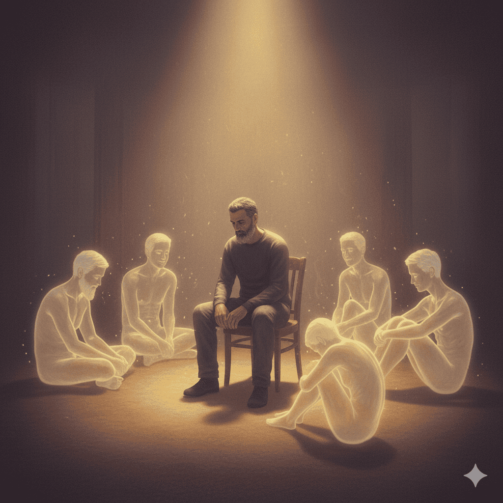 A solitary figure sits in a dim, dreamlike room where the walls fade into mist. Around them, several translucent versions of themselves sit in a loose circle, each slightly different in age, posture, and emotion. Some appear tender, some weary, some hopeful. The lighting is gentle and amber-toned, as if from an unseen fire at the center. The alternate selves glow faintly, like memories made visible. The atmosphere feels intimate, melancholic, and quietly magical. Details should evoke introspection: subtle light dust floating in the air, shadows that blur at the edges, and a sense that time is folding softly around the group. The scene should look poetic and human, with a touch of the mystical—like a conversation held inside the soul.