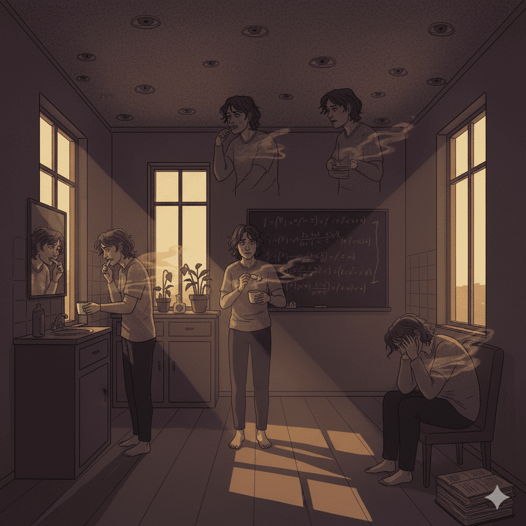 A dark, introspective, surreal illustration of a person spending a long day haunted by an unseen presence. The environment feels like an apartment or a quiet room where daylight overstays its welcome, casting unnaturally long, intrusive shadows. The person is shown in fragmented poses across the same room—brushing teeth, pouring tea, teaching at a board, sitting alone—like time looping inside a single consciousness. The ‘day’ appears as an abstract, subtle entity: not a figure, but a distortion in the air, a smudge of light or a ripple following the person everywhere. Muted colours, warm light turning oppressive, and hints of psychological tension. Symbolic elements like an overfilled notebook, unwatered plants, reflections that don’t perfectly match, and a ceiling that feels too observant. The mood is quiet, poetic, and unsettling, ending in a darker tone that suggests the day has become a presence living inside the person rather than outside.