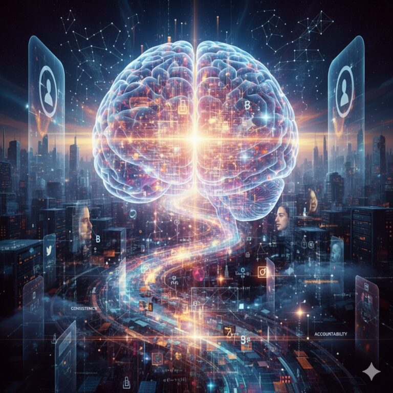 A vibrant, futuristic digital art piece illustrates the concept of trust in a synthetic world. A glowing, translucent human brain dominates the center, radiating light and energy, symbolizing human intuition and cognitive processes. From the brain, intricate streams of data, light, and circuitry flow downwards and outwards, forming a complex network of information. This network is superimposed over a stylized, futuristic city skyline at night, with buildings rendered in dark blues and purples. Throughout the image, various digital elements are integrated: floating transparent screens display user profile icons, alphanumeric codes, and abstract data visualizations. Terms like "CONSISTENCY" and "ACCOUNTABILITY" are visible on these digital overlays, highlighting key themes. Subtle human faces or profiles are intermittently visible within the data streams, suggesting the human element within the digital flow. The overall color palette is dominated by deep blues, purples, and electric oranges and yellows from the light emanating from the brain and data streams, creating a sense of both complexity and interconnectedness. The style is highly detailed and evokes a sense of advanced technology and profound intellectual activity.