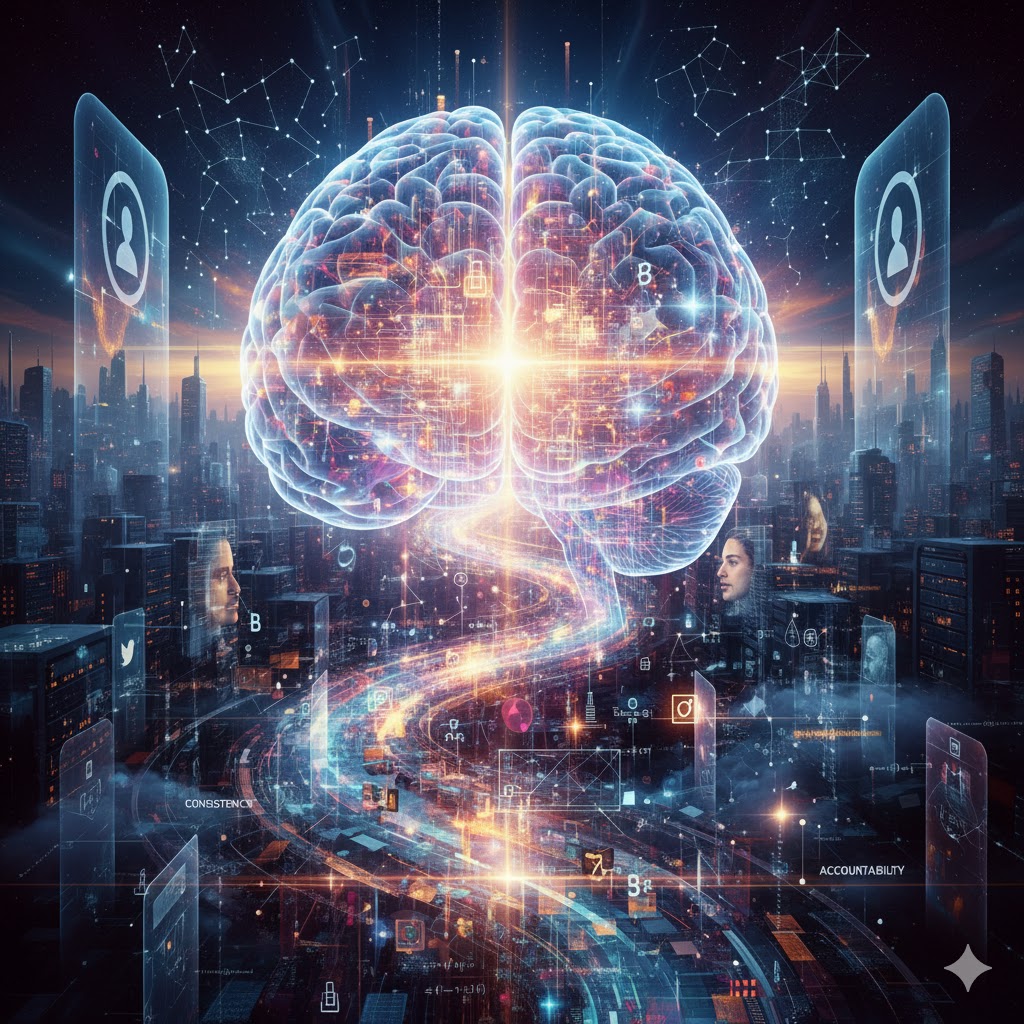 A vibrant, futuristic digital art piece illustrates the concept of trust in a synthetic world. A glowing, translucent human brain dominates the center, radiating light and energy, symbolizing human intuition and cognitive processes. From the brain, intricate streams of data, light, and circuitry flow downwards and outwards, forming a complex network of information. This network is superimposed over a stylized, futuristic city skyline at night, with buildings rendered in dark blues and purples. Throughout the image, various digital elements are integrated: floating transparent screens display user profile icons, alphanumeric codes, and abstract data visualizations. Terms like "CONSISTENCY" and "ACCOUNTABILITY" are visible on these digital overlays, highlighting key themes. Subtle human faces or profiles are intermittently visible within the data streams, suggesting the human element within the digital flow. The overall color palette is dominated by deep blues, purples, and electric oranges and yellows from the light emanating from the brain and data streams, creating a sense of both complexity and interconnectedness. The style is highly detailed and evokes a sense of advanced technology and profound intellectual activity.