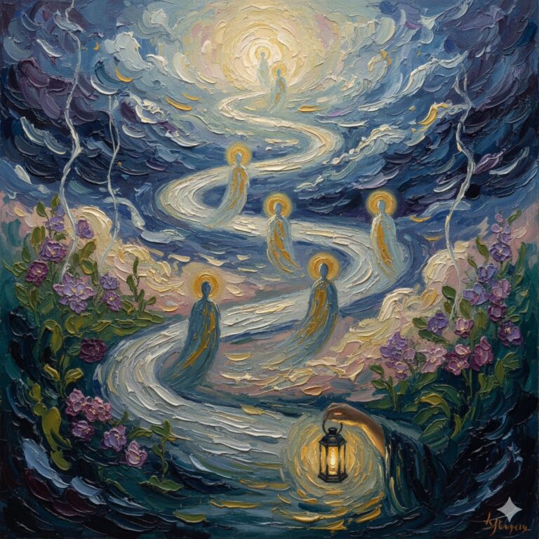 An abstract oil painting with thick impasto strokes depicts ethereal, glowing figures moving along a winding, moonlit path through a mystical landscape with dark skies and luminous clouds, while a hand in the foreground holds a glowing lantern.