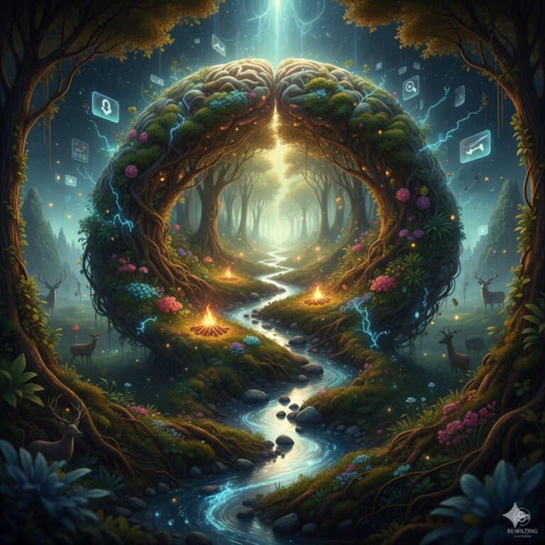 A fantastical and surreal image depicts a lush, enchanted forest landscape shaped into the form of a human brain, split down the middle with a glowing river flowing through the fissure. Trees, vibrant with foliage and flowers, form the convoluted gyri and sulci of the brain. The river winds through the forest, illuminated by a soft, ethereal light. Numerous campfires dot the landscape, casting warm glows. Magical, glowing blue tendrils of energy, resembling lightning or synaptic connections, weave throughout the trees and emanate from various digital icons like 'like' buttons, notifications, and search symbols that hover in the background, suggesting a blend of nature and technology. Deer can be seen peacefully grazing in the forest. Above the "brain," a beam of pure light descends from the sky, illuminating the entire scene. The overall impression is one of wonder and a harmonious, yet complex, interplay between natural thought processes and the digital world.