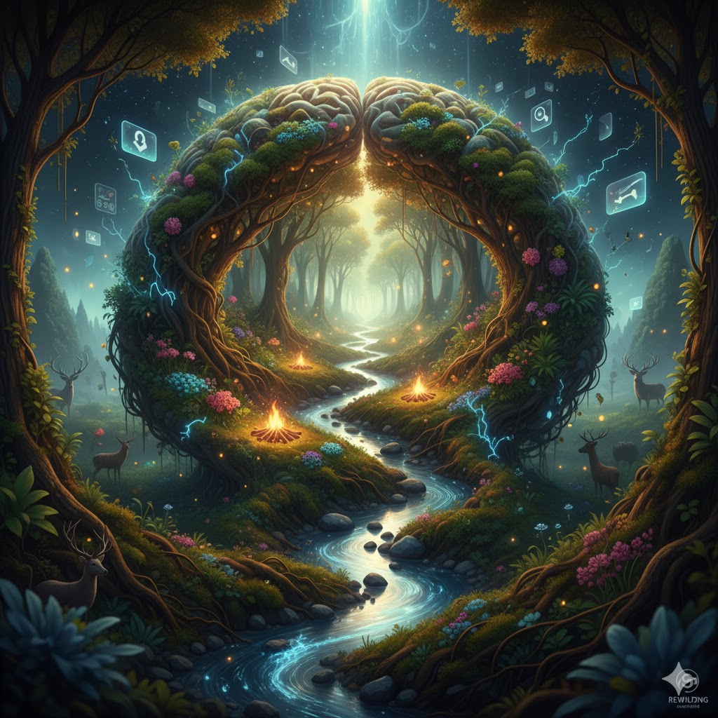 A fantastical and surreal image depicts a lush, enchanted forest landscape shaped into the form of a human brain, split down the middle with a glowing river flowing through the fissure. Trees, vibrant with foliage and flowers, form the convoluted gyri and sulci of the brain. The river winds through the forest, illuminated by a soft, ethereal light. Numerous campfires dot the landscape, casting warm glows. Magical, glowing blue tendrils of energy, resembling lightning or synaptic connections, weave throughout the trees and emanate from various digital icons like 'like' buttons, notifications, and search symbols that hover in the background, suggesting a blend of nature and technology. Deer can be seen peacefully grazing in the forest. Above the "brain," a beam of pure light descends from the sky, illuminating the entire scene. The overall impression is one of wonder and a harmonious, yet complex, interplay between natural thought processes and the digital world.