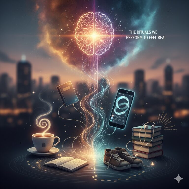 A vibrant digital art piece features a glowing, intricate brain connected by streams of light to various everyday objects representing personal rituals: a steaming cup of tea, an open book, a smartphone displaying digital content, a journal, headphones, and a pair of sneakers, all set against a blurred city skyline at dusk with the title "THE RITUALS WE PERFORM TO FEEL REAL".