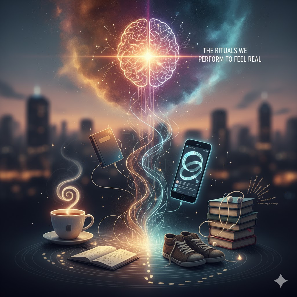 A vibrant digital art piece features a glowing, intricate brain connected by streams of light to various everyday objects representing personal rituals: a steaming cup of tea, an open book, a smartphone displaying digital content, a journal, headphones, and a pair of sneakers, all set against a blurred city skyline at dusk with the title "THE RITUALS WE PERFORM TO FEEL REAL".