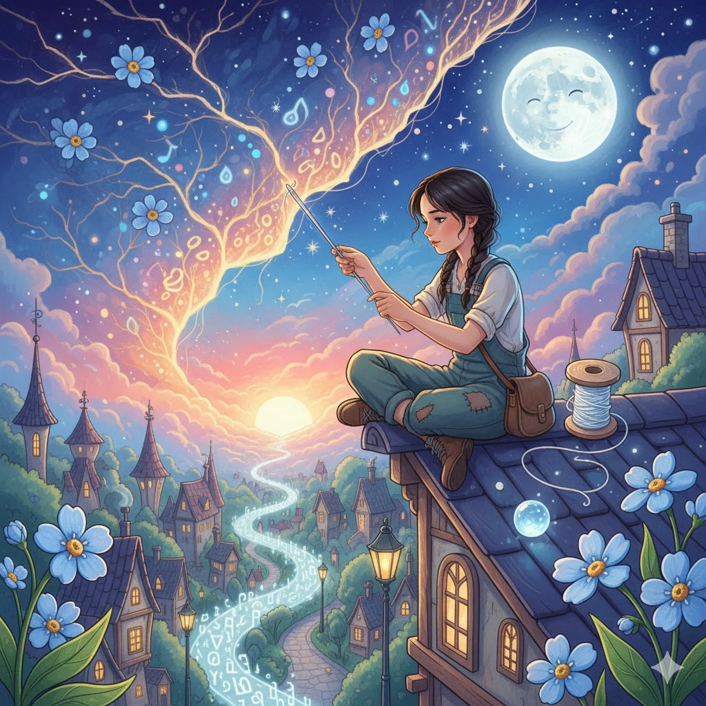 A young girl with braids sits on a whimsical rooftop under a starry, twilight sky with a smiling moon, mending the sky with a needle and glowing thread that weaves through forget-me-not flowers and forms a river flowing through the town below.
