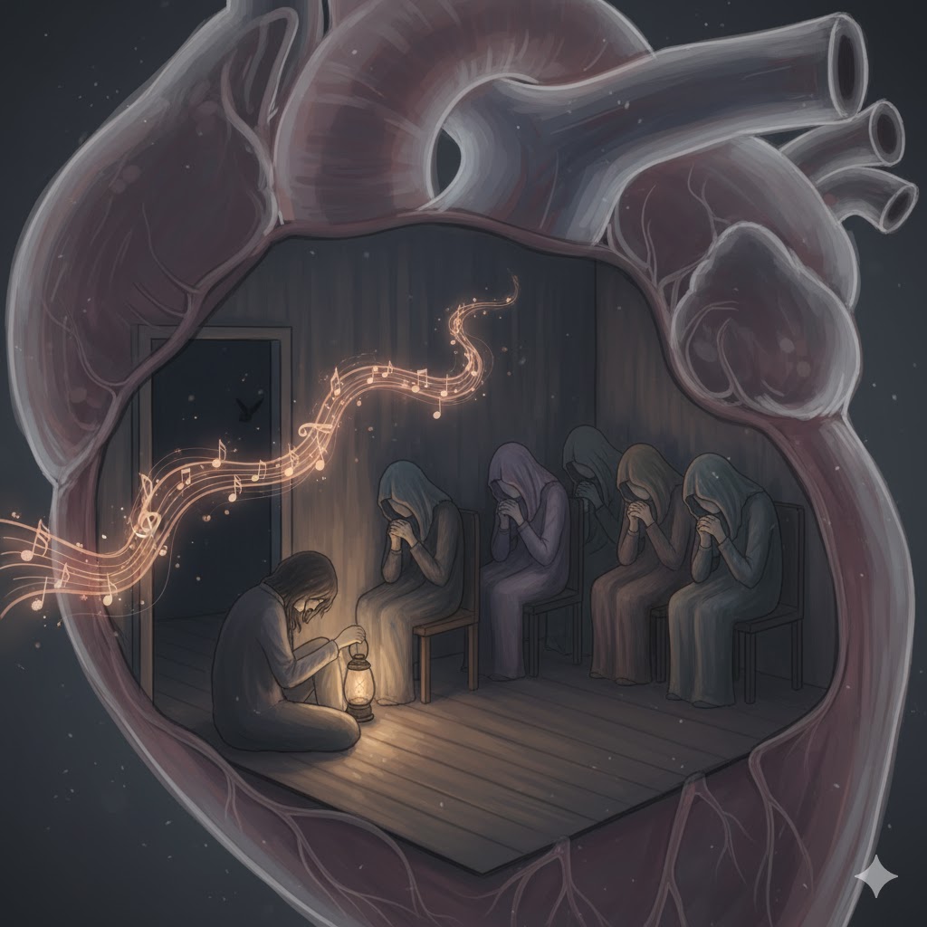 A stylized anatomical heart is cut open to reveal a dimly lit room inside, where a lone figure holds a glowing lantern and musical notes float from it towards several hooded, grieving figures seated along the wall.