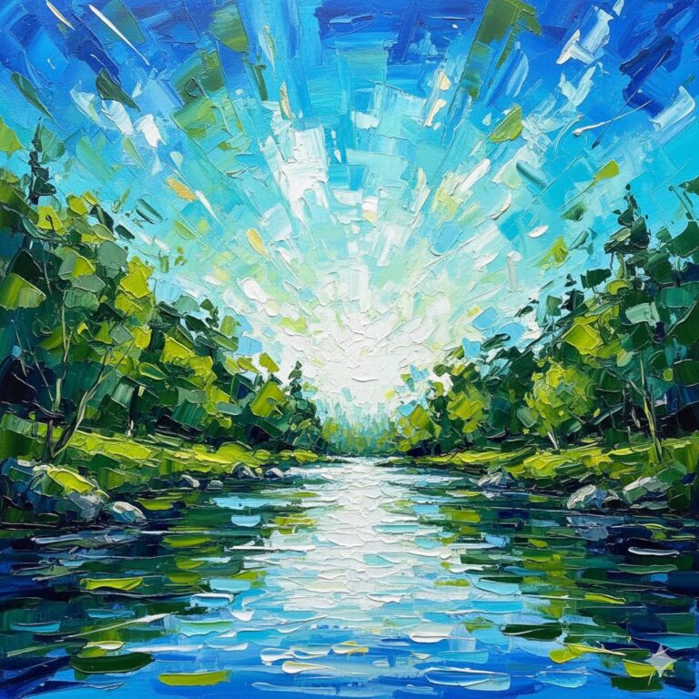 An abstract oil painting with thick impasto strokes depicts a river flowing through a green forest under a bright blue sky, with light radiating from the horizon.