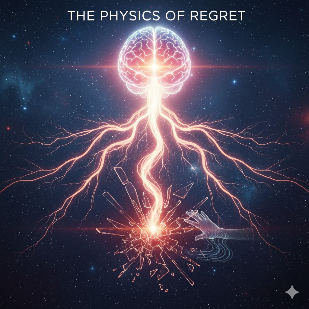 A glowing, intricate brain in space emits lightning-like tendrils that converge on a shattering glass object, with a translucent hand reaching towards the broken pieces, all against a cosmic background with the title "THE PHYSICS OF REGRET."