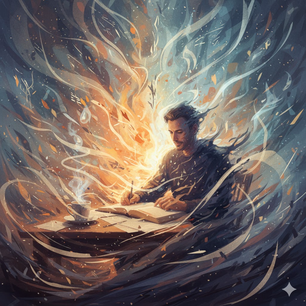 A man in his late thirties sits quietly by a dusk-lit window, surrounded by warm lamplight, scattered papers, and a half-written journal. His expression is calm and introspective, as if listening to the silence settling gently around him.