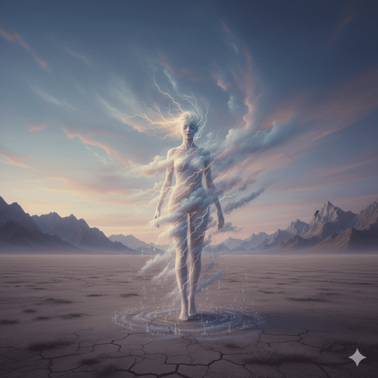 A lone, feminine storm-spirit standing on a vast open plain, her form made of swirling clouds and soft lightning veins. Time around her bends subtly: distant mountains blur as if stretched, the sky shows both dawn and dusk at once. Her expression is calm but powerful, embodying contrast—stillness in her posture, turbulence in her aura. Soft rain falls only around her feet, while the horizon remains dry. Colors are muted blues, violets, and warm golds, giving the scene a dreamy, otherworldly beauty. The atmosphere should feel introspective, poetic, and quietly fierce, as if time itself is learning to breathe differently near her.