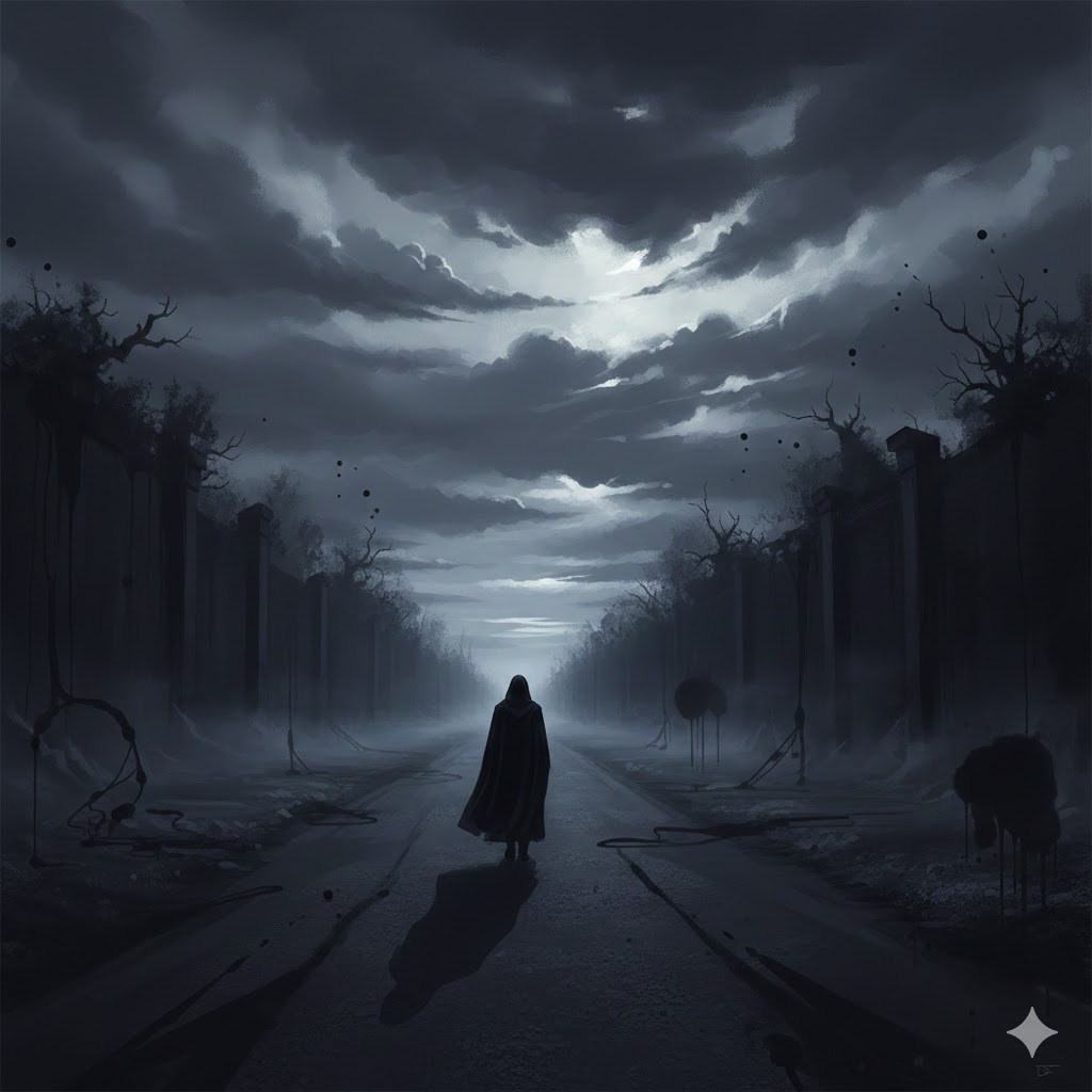 A solitary figure walking through mist and shadow at twilight, evoking introspection and quiet gloom.