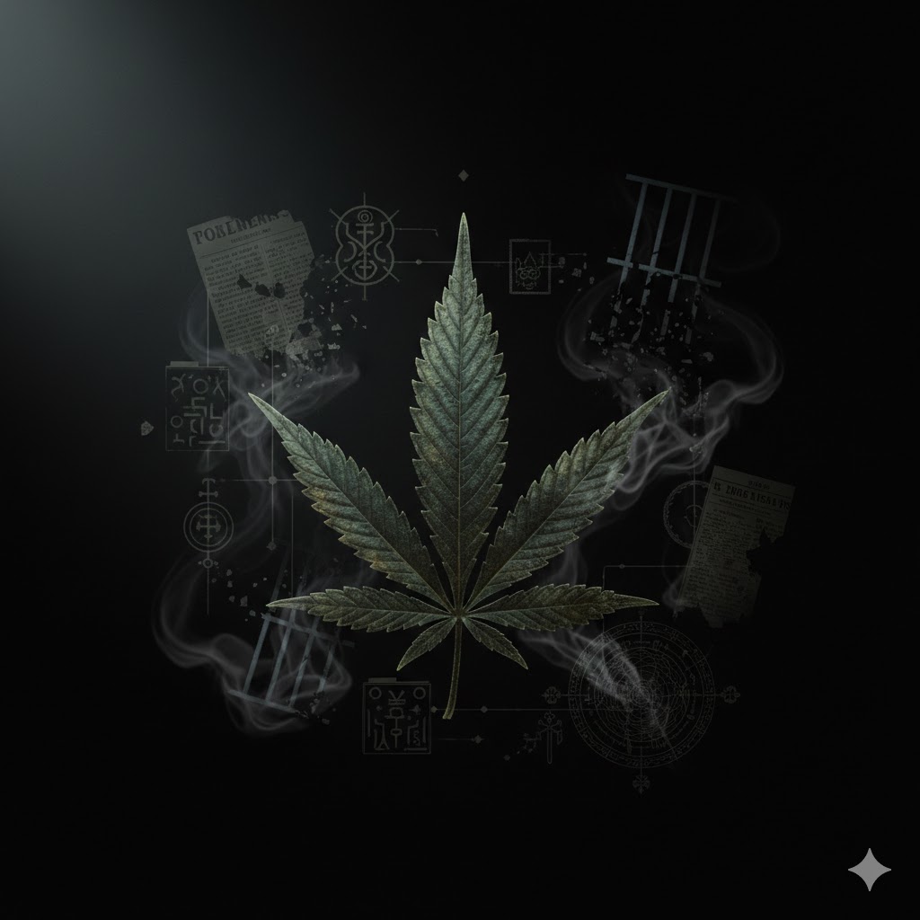 A weathered cannabis leaf floats in darkness, surrounded by ghostly, dissolving fragments of newspaper, medical diagrams, and prison bars in a moody, archival-style digital illustration.