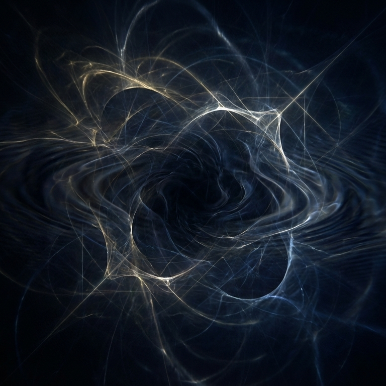 An abstract, cinematic digital artwork of a luminous quantum field featuring delicate white and gold energy filaments and subtle ripples of light suspended in a vast, dark expanse, representing the moment before the birth of the universe.