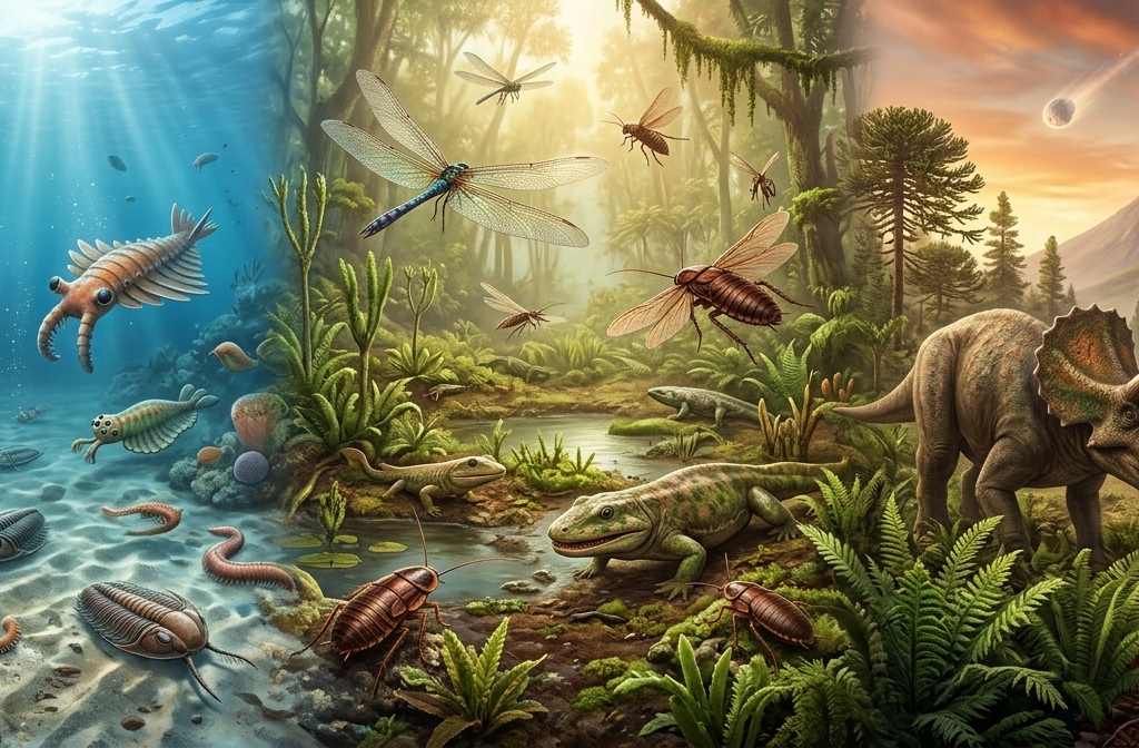 A detailed panoramic view transitioning through three geological eras on prehistoric Earth. On the left, a vibrant Cambrian seafloor features strange marine life, including an Anomalocaris with long frontal appendages and multiple trilobites, swimming and crawling over a sunlit, sandy ocean bottom and coral. The center transitions to a lush, humid Carboniferous swamp, with giant insects like a large dragonfly and roaches in the golden-lit forest air, and several amphibian-like tetrapods near shallow water and ferns. The right opens into a dramatic Mesozoic vista under a volcanic sunset, featuring a Triceratops standing in the midground and an angry-looking theropod (likely a T. rex) roaring in the distance. The entire scene is rendered in an ultra-realistic paleoart style with detailed textures and volumetric lighting.