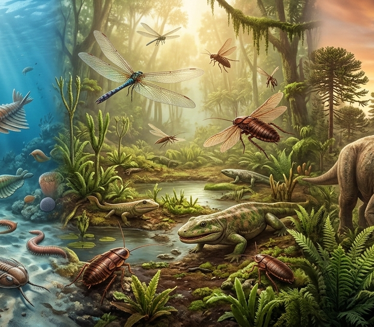 A detailed panoramic view transitioning through three geological eras on prehistoric Earth. On the left, a vibrant Cambrian seafloor features strange marine life, including an Anomalocaris with long frontal appendages and multiple trilobites, swimming and crawling over a sunlit, sandy ocean bottom and coral. The center transitions to a lush, humid Carboniferous swamp, with giant insects like a large dragonfly and roaches in the golden-lit forest air, and several amphibian-like tetrapods near shallow water and ferns. The right opens into a dramatic Mesozoic vista under a volcanic sunset, featuring a Triceratops standing in the midground and an angry-looking theropod (likely a T. rex) roaring in the distance. The entire scene is rendered in an ultra-realistic paleoart style with detailed textures and volumetric lighting.