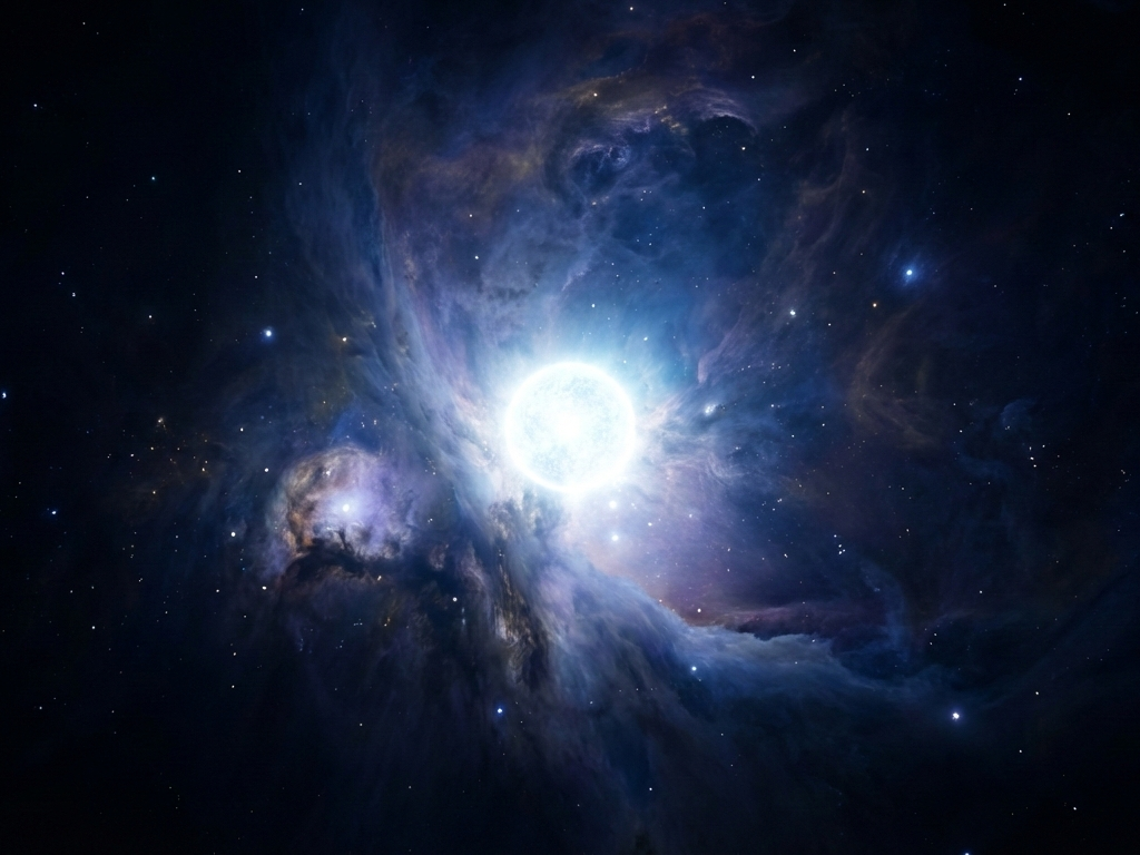 A vast primordial hydrogen nebula with a brilliant white-blue protostar igniting at its center. Dense clouds of blue, violet, and gold gas spiral inward toward the core. The star radiates intense light, illuminating fine filaments of gas against the deep darkness of space, styled after a high-resolution James Webb Space Telescope photograph.