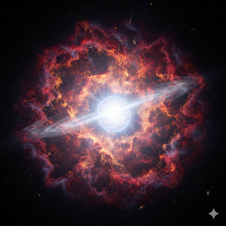 A high-resolution, cinematic digital artwork of a massive star undergoing a supernova. The center features an intensely bright, white-blue core emanating a horizontal ring of light. Surrounding the core is a vast, spherical expansion of glowing nebular gas in vibrant hues of red, orange, gold, and purple. The gas appears turbulent and fibrous, resembling the intricate structures captured by the James Webb Space Telescope. The background is a deep black void sparsely populated with distant stars and faint galaxies, highlighting the immense scale of the explosion.