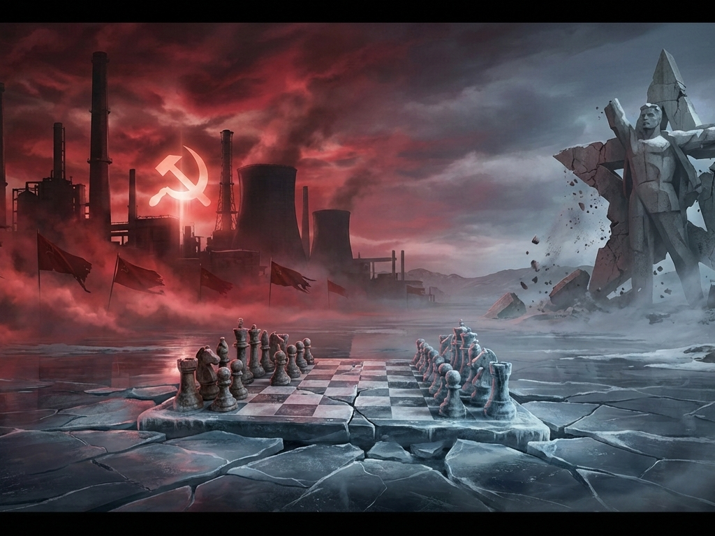 A cinematic, symbolic digital artwork representing the rise and fall of the Soviet Union. On the left side, there are towering industrial factories, red banners, and a glowing hammer and sickle emerging from icy mist under a dramatic crimson sky. In the center, a chessboard fading into cracked ice, symbolizing the Cold War. On the right side, a crumbling concrete monument in a snow-covered landscape, with fragments dissolving into the wind.