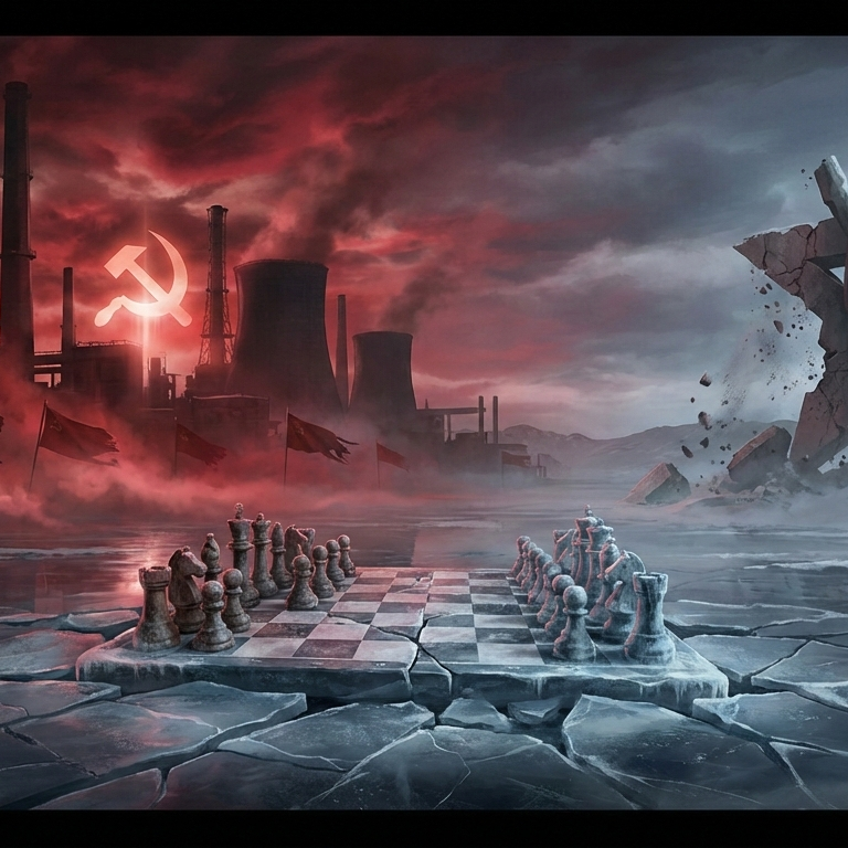 A cinematic, symbolic digital artwork representing the rise and fall of the Soviet Union. On the left side, there are towering industrial factories, red banners, and a glowing hammer and sickle emerging from icy mist under a dramatic crimson sky. In the center, a chessboard fading into cracked ice, symbolizing the Cold War. On the right side, a crumbling concrete monument in a snow-covered landscape, with fragments dissolving into the wind.
