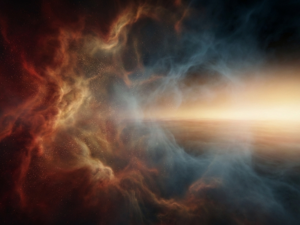 A cinematic and ultra-detailed digital artwork visualizing the early universe approximately 380,000 years after the Big Bang. Swirling clouds of deep red, orange, and gold ionized gas gradually dissipate into translucent blue and black mist, revealing a warm golden-white glow spreading across the distant horizon, representing the moment light first became free. The atmosphere is vast and transformative, showing chaos cooling into clarity, with no stars or galaxies yet formed, only subtle particle textures.