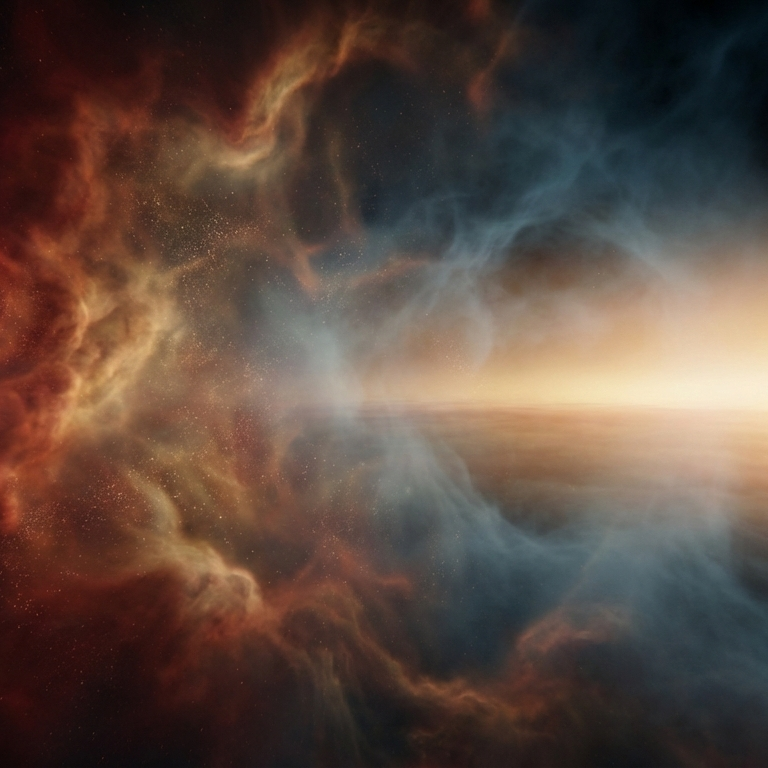 A cinematic and ultra-detailed digital artwork visualizing the early universe approximately 380,000 years after the Big Bang. Swirling clouds of deep red, orange, and gold ionized gas gradually dissipate into translucent blue and black mist, revealing a warm golden-white glow spreading across the distant horizon, representing the moment light first became free. The atmosphere is vast and transformative, showing chaos cooling into clarity, with no stars or galaxies yet formed, only subtle particle textures.