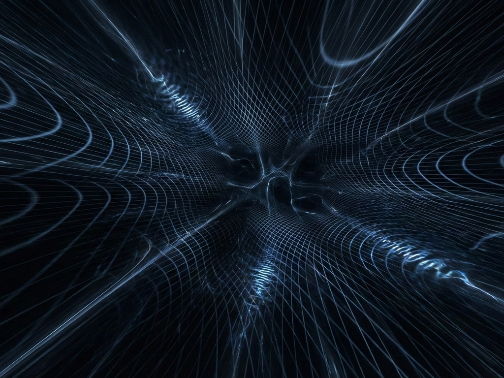 A cinematic and abstract digital visualization of the early universe during cosmic inflation. The image features a dark, vast cosmic fabric stretching outward, overlaid with a glowing, warped blue geometric grid that suggests the rapid expansion of spacetime. Faint, bright ripples representing quantum fluctuations are embedded in the structure. There are no stars or galaxies, and the color palette is dominated by deep blacks, dark blues, and pale highlights, creating a cold, scientific, and awe-inspiring atmosphere.