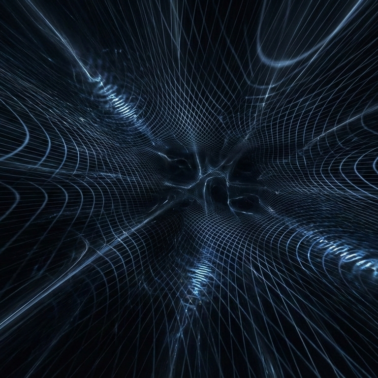 A cinematic and abstract digital visualization of the early universe during cosmic inflation. The image features a dark, vast cosmic fabric stretching outward, overlaid with a glowing, warped blue geometric grid that suggests the rapid expansion of spacetime. Faint, bright ripples representing quantum fluctuations are embedded in the structure. There are no stars or galaxies, and the color palette is dominated by deep blacks, dark blues, and pale highlights, creating a cold, scientific, and awe-inspiring atmosphere.