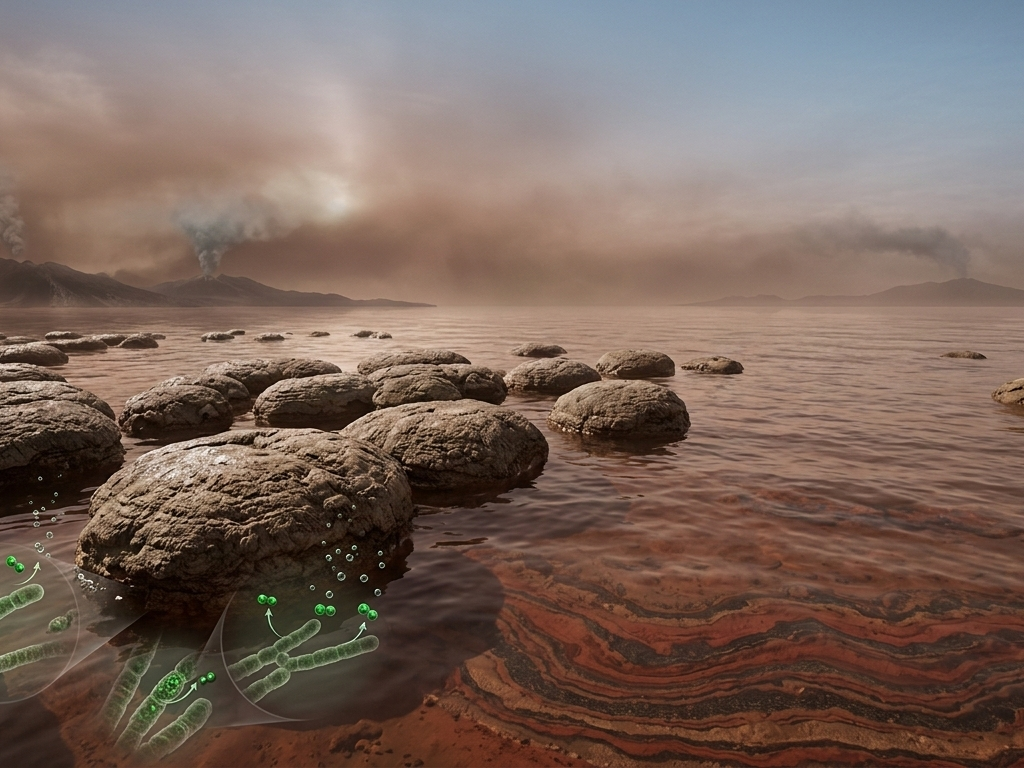 A wide-angle landscape visualization of early Earth during the Great Oxygenation Event. In the foreground, domed, layered stromatolites made of cyanobacteria rise from shallow, iron-rich reddish water, which is streaked with rusty red and dark mineral layers of banded iron formations below. Microscopic cyanobacteria are visible in the lower foreground water. The sky transitions from a murky, reddish-brown haze near the distant, smoking volcanic landmasses on the horizon to a faint, atmospheric blue above, lit by pale sunlight. The style is an ultra-realistic scientific illustration with volumetric lighting.